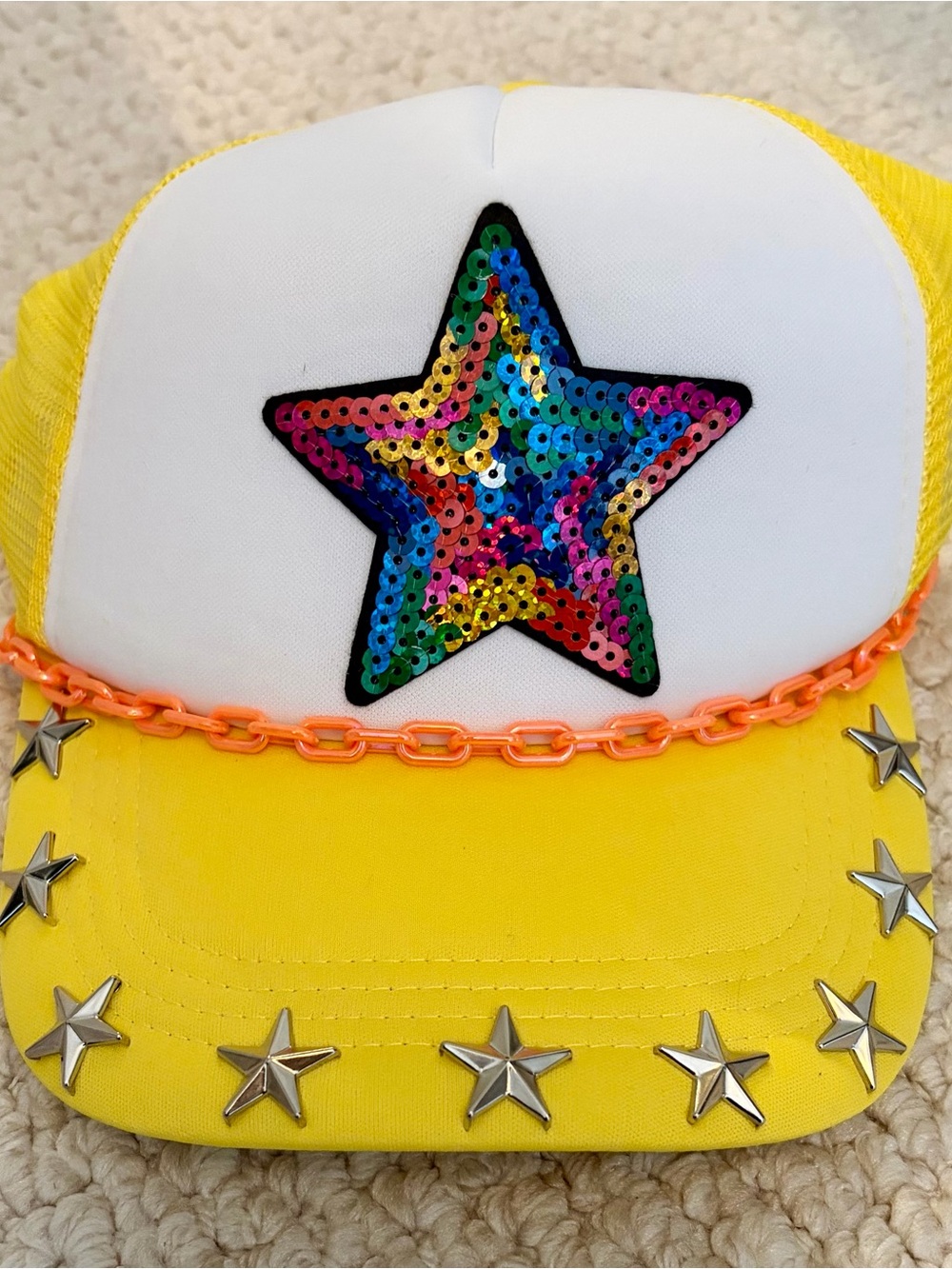 Women’s Yellow Star Sequin Trucker Hat